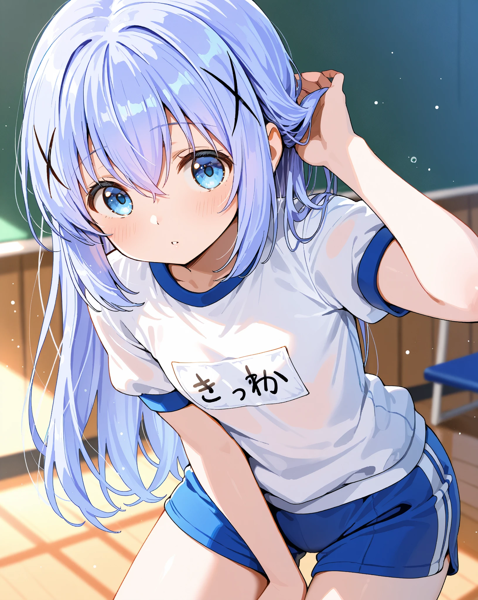 (super fine illustration:1.2),(masterpiece, 8k), (best quality, high quality:1.4), perfect anatomy, hyper detailed, ultra detailed,masterpiece background,beautiful detailed background, v8k wallpaper,perfect design,award-winning art,atmospheric,
BREAK, 1 beautiful girl, ( girl),Solo,(Cute:1.5),(Chibi:0.6),(kawaii:1.5),(:0.5),BREAK,(17 years oldautiful girl,Very detailed,colourfull,highest details,Clear skin,Beautiful skin,Shy,Very detailed,colourfull,highest details,BREAK,Clear skin,Beautiful skin,Shy skin,BREAK,(Heterochromia,blue eyes,Green eyes, Eye Highlights,The first hyperfine stars:1.45),star eye silhouette ,BREAK,(pale blue hair, Medium length:1.4),(side ponytail,A little curly hair,Princess Cut, crossed bangs:1.3),(large breasts,Beautiful breasts(best quality face),(Top quality glowing eyes),(The best smile,:D:1.45),
BREAK white ribbon,((white shirt)),((gym navy blue clothes)),white sox,standing,whole body,High five,school classroom,
BREAK,wakame,wakame,wakame,(from below,cowboy shot:1.5) , hanging breasts, nose blush, heavy breathing, steam, ((:o):1.2)
BREAK,(Blurry background:1.3),(absurderes, hight resolution, Super Detail Art),cel shading,Clear Color, Lonely optical effect, Beautiful pictures, Bright glow, mystic atmosphere,(Close-up of girl:0.8), Mystical light particle effect,manga influence, clean line drawings