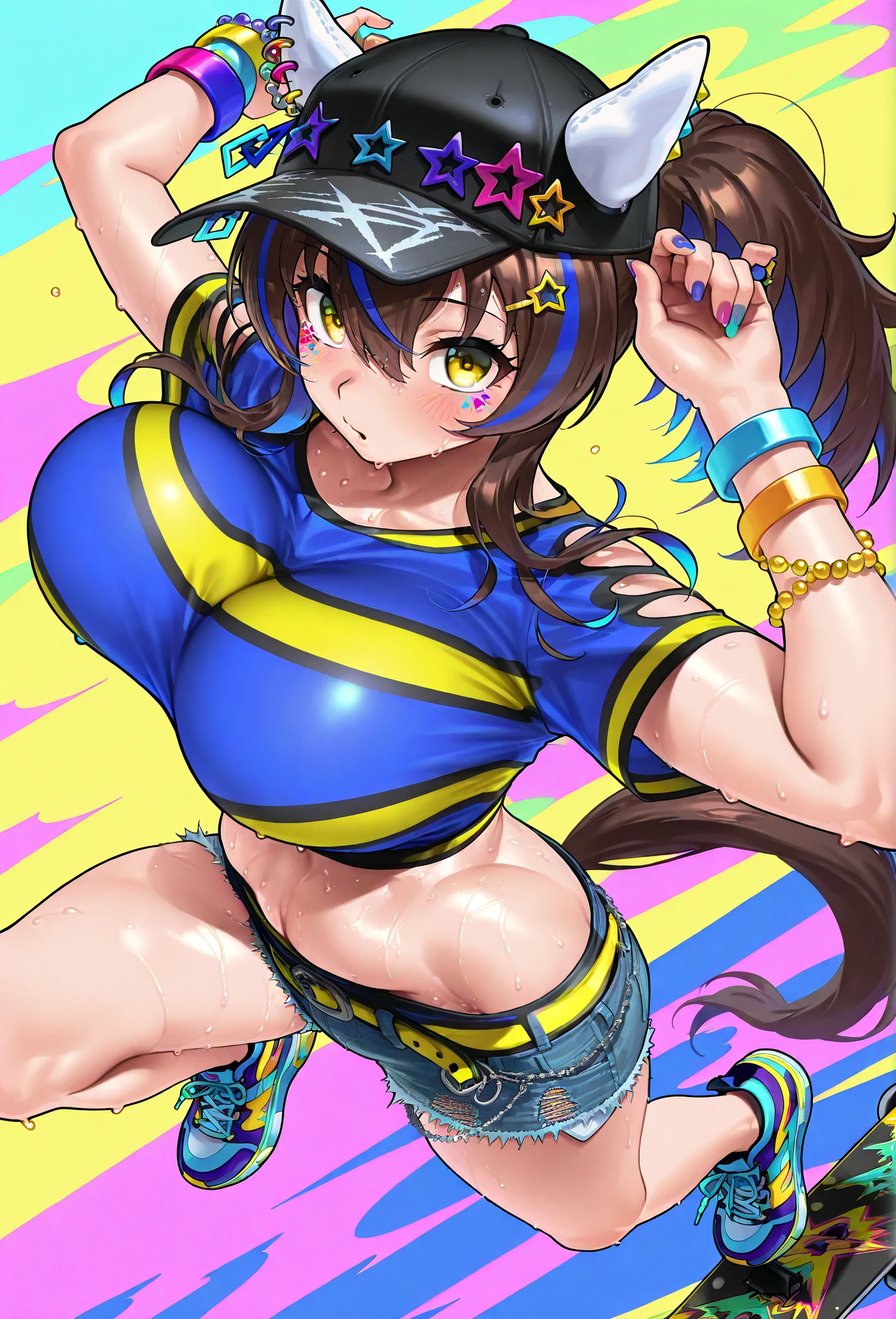 1girl,solo,large breasts,disproportionate breasts,covered the breast,curves,glamour,blush,daitaku helios \(umamusume\),jewelry,bracelet,cap,short jean shorts,sneakers,sweaty,solo,punk accessories,Skateboarding Performance,(XGames)Extreme Sports,Hover,Acrobatics,view from above,flashy stage background,