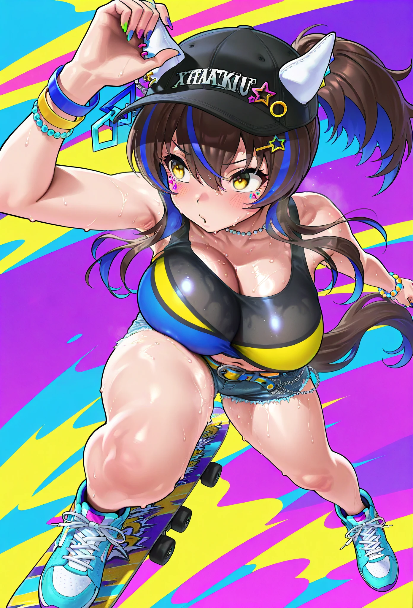 (Perfect body),Best Quality,(8K Portrait),(Official art)、(NSFW)、(((muscular)))、(Police Hat)、embarrassed from、1girl in,(Grinning smile)、((One eye is closed))、showing teeth、(((thick thighs)))、 ((Surprised))、(((blush))),(Sweat),((((large udder))))、(big butts)、(Dark hair),((bob cuts)),Short hair, (Yellow eyes),(((Navy blue leotard)))、Black knee socks、((squatting))、(In the street)、