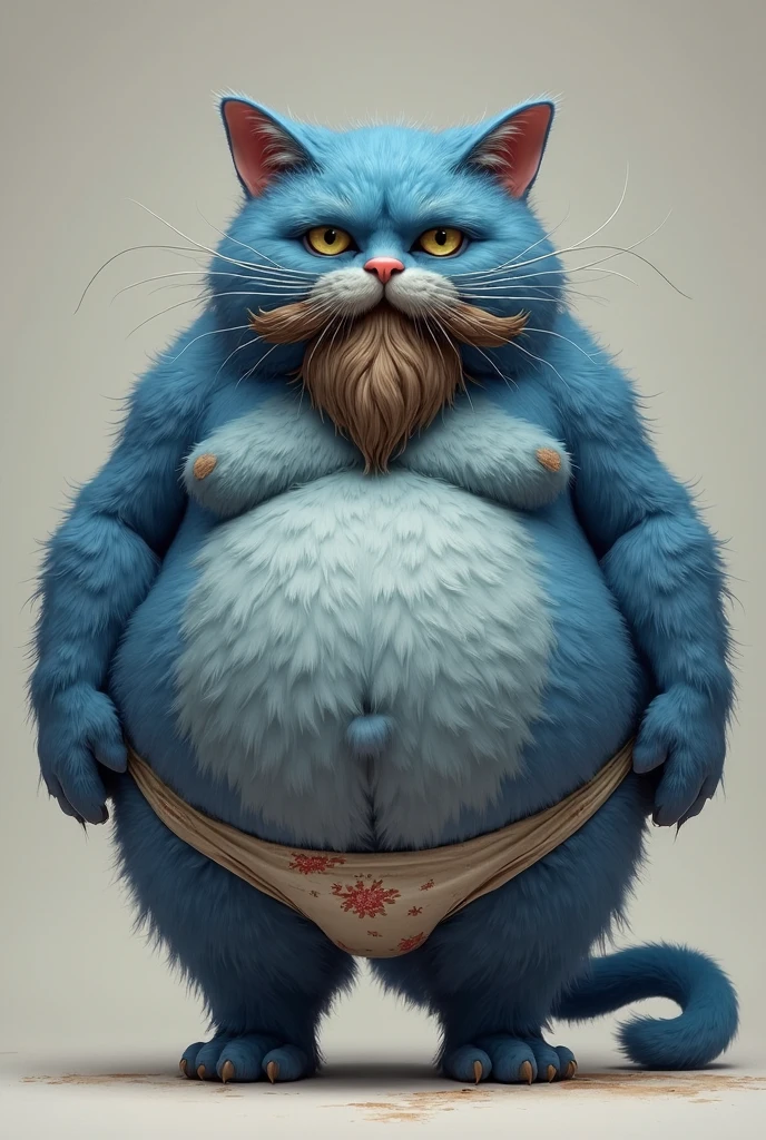 Solo, Furry, Anthro, Cat, Male, E621, Naked, Chubby Body, Blue Skin, Front View, Small Penis Exposed, Hands Behind Back, Simple Background, By bebebebebe
