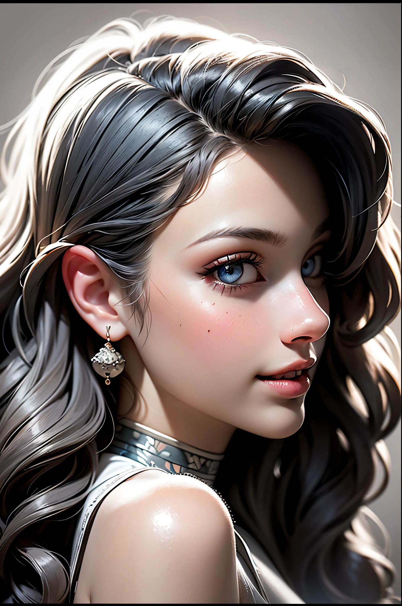 Ultra-detailed, master piece, Top quality, woman, bewitching smile, Beardsley style picture, monochrome, alcohol ink drip art, line-art, block print, side view, crop top, long wavy hair, bangs, Very_beautiful_face, very_beautiful_eyes, even_eyes