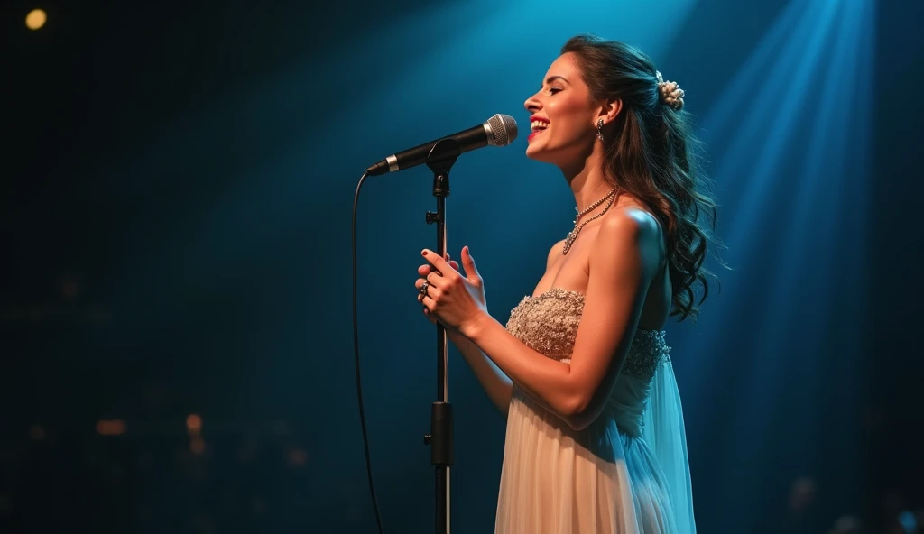Singing on stage at a microphone stand、Female Singer。She was wearing a white dress and、Demonstrating inner kindness and outer beauty。The 10,000-strong audience applauded with happy smiles on their faces.。