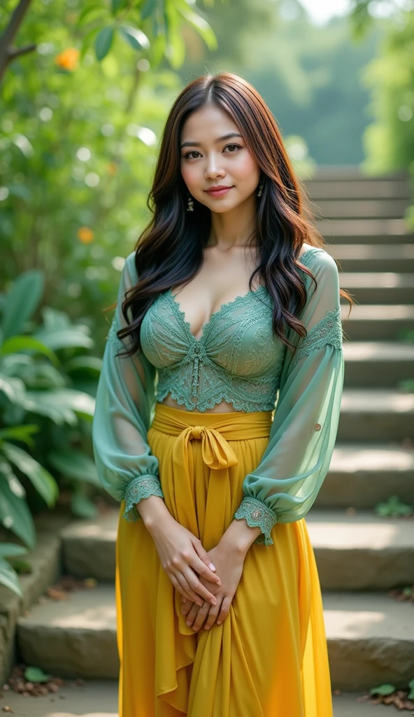 Half-length glamour portrait, nikon D850, f1.6 lens, 200mm, DSLR, 22 Megapixels, (((Lush botanical garden scene))), shot of a stunning 19 years old korean girl, (smile:1.4), (wearing Vermilion Pleated maxi skirt with Green lace top:1.6), ((seductive pose)), hot girl, (((big natural breasts))), (((black fringe hair))), (small girl), symmetrical face, photorealistic, photography, (bright natural lighting), gorgeous, deep cleavage, (masterpiece), best quality, high resolution, extremely detailed, cinematic lighting, (((very narrow waist))), rich colors, hyper realistic, lifelike texture, ((jewelry)), (((She has beautiful hands and wears rings))), (bracelet), (necklace), (ankle chain), (nail polish) (earrings), Fuji Superia 200, 8k
