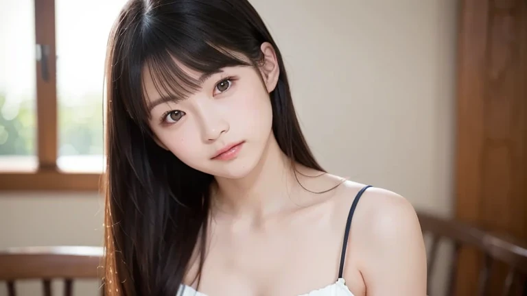 (masterpiece:1.3), Highest quality、Ultra-high resolution, Very detailed, Very detailed CG Unity 8k 壁紙, Realistic, photo-Realistic, RAW Photos, Beautifully detailed face, Pale skin, Realistic glistening skin, Detailed cloth texture, Detailed hair texture, Perfect body, Beautiful Face, Accurate, Anatomically correct, Highly detailed face そして skin texture, Natural neck length, (Fair skin:1.2), Good teeth alignment, 
Symmetrical eyes, dolly make、double eyelid, Thin eyebrows, (Glossy Lips:1.4), (Sad face:1.2),
(classy and cute girl:1.3), 
(Large Breasts:1.4), Cleavage, Beautiful clavicle, 
(Wavy long hair:1.2), ((Asymmetrical bangs:1.2)), A tight, greyish, light purple camisole that hugs the breasticro Mini、Voluptuous thighs、A photo showing you from head to knees、Focus on the thighs
