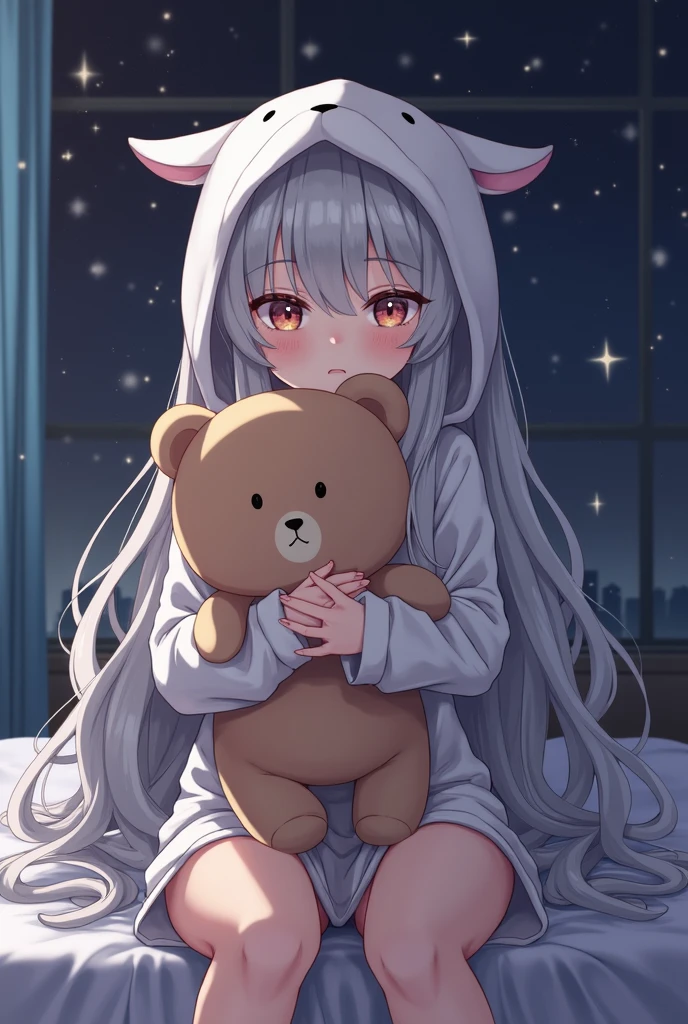 (NSFW:0.9),(little girl:1.4), solo, full body, sitting, dynamic angle, white hair, flat chest, frilled, 3yo, brown hair, long hair, night, starry sky, dark, sleepy, want to sleep, animal ears hood, holding teddy bear, covered breasts,shy, blush,A young girl in pajamas holding a large stuffed animal, with a shy expression on her face, in a bedroom setting, The composition should exude a blend of sensuality and innocence, The background should be visually captivating,