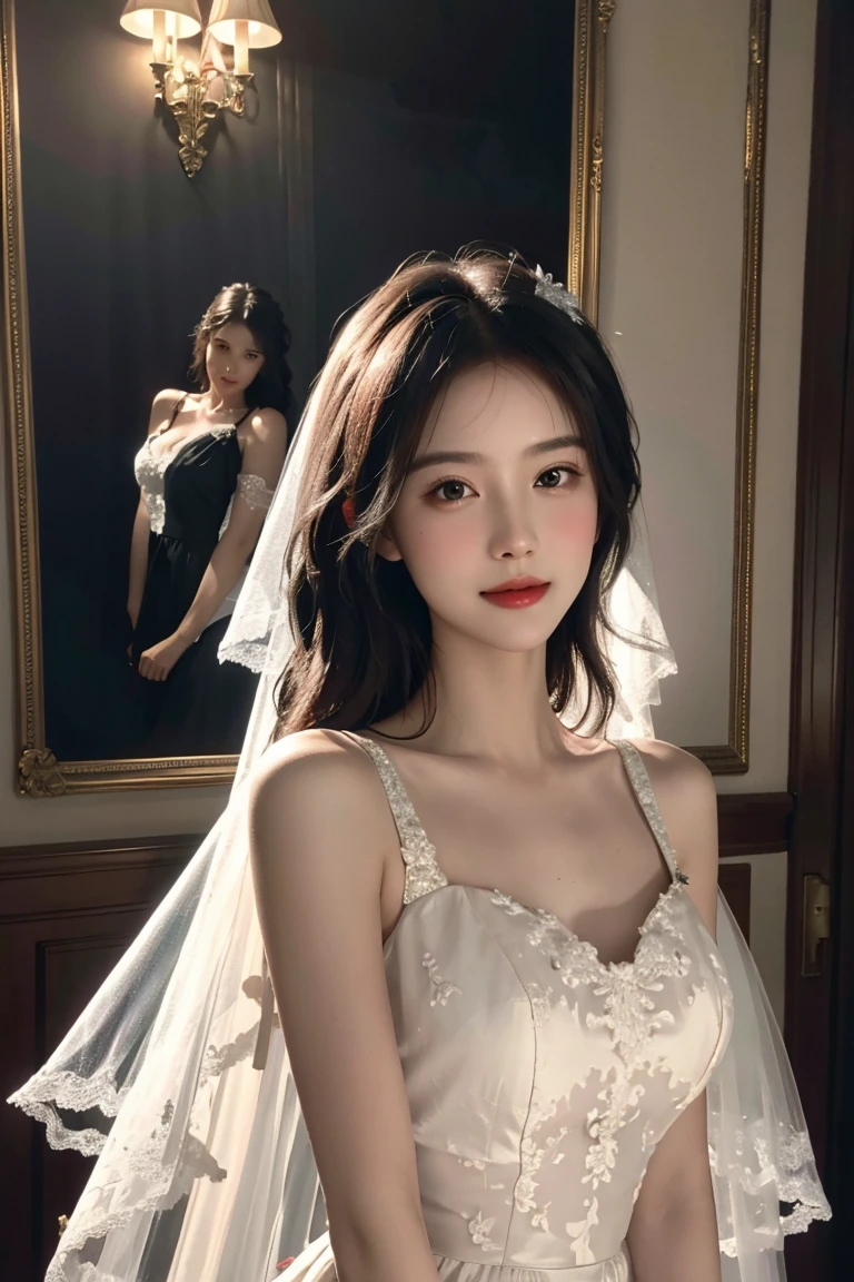 top-quality、masterpiece、超A high resolution、(Photorealsitic:1.5)、Raw foto、1girl in、murky、deep-shadows、Unobtrusive、cold light、sexy appearance、shorth hair、((very_short_hair))、((Luxury evening dresses))、((Luxurious painting))、((Luxurious necklace))、((Luxurious tiara))