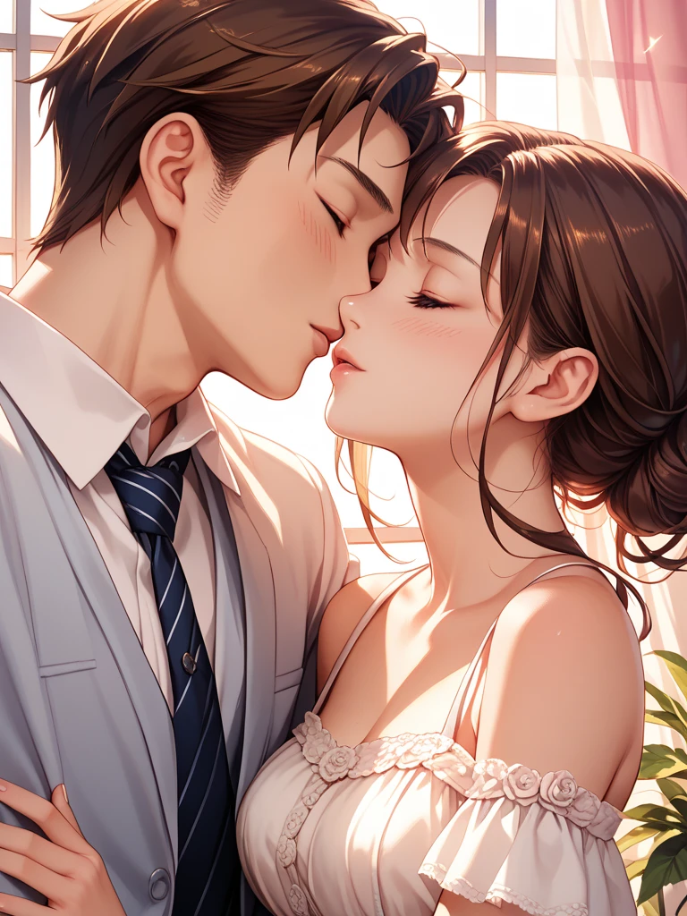 (muste piece, 4K,8K, Super detailed, beautiful images, Sharp Image, photorealistic,perfect face, perfect lines, Perfect eyes, soft lighting) 1 woman, (brown hair,Chignon hair in a high position,Innocent look,lowered eyebrows,drooping eyebrows,droopy eyes,cute big eyes,natural makeup,gentle smile,Round jaws,mature women:1.3),スーツ姿のハンサムなmale性2人, (male,male性はスーツ姿,muscular,Firm shoulder width, maleの,boyish hairstyle,English gentlemanly style,クールな表情の成熟male性,明るい笑顔の成熟male性:1.2),(Nervous,embarrassed,sleepy,embarrassing:1.2),innocent smile,(embarrassing,shy smile:1.1),flower shop、First sale、Flower Cottage、kiss、couple、couplekiss、Romance、Casual style、Skinny Denim、flower arrangement、western style sofa、bouquet、hug、lie on the bed、