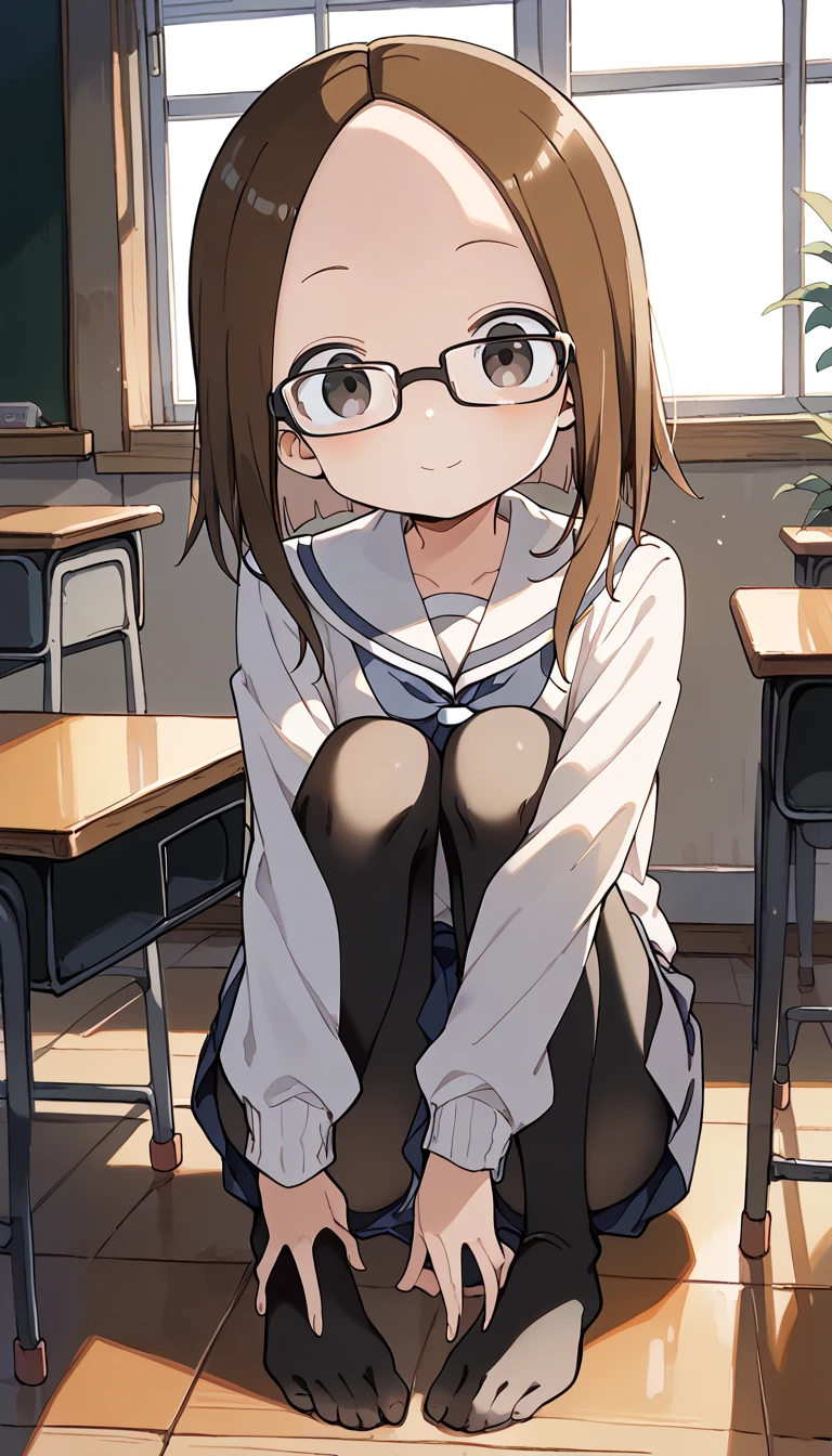 ((masterpiece)),((Highest quality)),((High resolution)),((Anatomical)),((Realistic)),((Detailed Description)),((Full body view)),((Perfect lighting)),((8K)),((cute)),((School classroom)),((Window)),((Sit at a desk)),(((((One little girl))),(((Lori))),(((neutral))),((8-year-old)),((Beautiful eyes)),((Baby Face)),((low length)),((Petite)),((Flat Chest)),((Two braids)),((Seductive smile)),((Red cheeks)),(((Tank top))),(((bikeshorts))),(((Glasses))),(((1 backpack))),