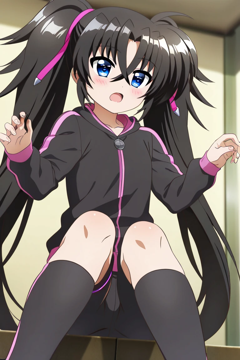 , 1girl, aster nemesis, dark-skinned female, black hair, very long hair, yellow eyes, flat chest kimono, obi, ribbon, twin tails, looking at viewer, outdoors, city, night, smile, ,sitting on ground,open legs,,flat chest,nsfw,lace panties,8yo