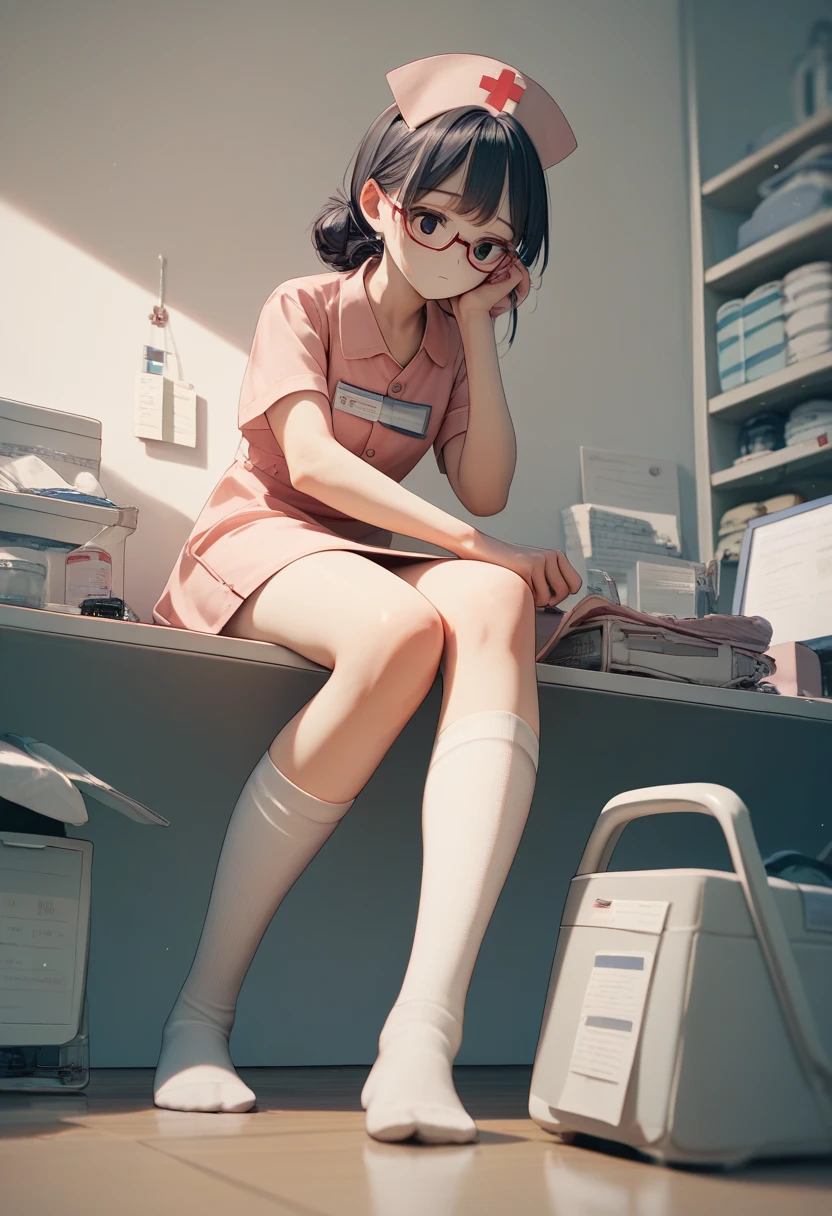 (((((Masterpiece))))), ((((((Highly detailed)))]], [Realistic Art]]], Beautiful Girl, Slender, Small, ((((Bangs))))), (( (1 girl)), Solo, (Look into the distance)), [Expressionless], Medium hair, Short ponytail, (Nurse)))), Short sleeves, (Nurse Cap)))), White Pants, ((White) Pantyhose))), (White Nurse Sandals), Stethoscope, ((Dovecopod)), (Squatting)), Name Tag, Foot Focus, From Bottom, Full Body, Hug Clipboard, Medical Cabinet, Clinic, [(White) Background: 1.5), ::5]
Japan people, glasses, 1 8 years old, 1 person (Akiko Takase, Kazue Kato, , Aya Takano, Etsuko Miura, Genzi, Tsugumi Oba, Chiho, Rinko Kawaichi, Takeyuki Kanda),
Height 158 cm, weight 53 kg, bust 83 cm (D cup), waist 61 cm, hips 86 cm,
His personality is naïve,
Smooth black hair that extends to the shoulders, bangs,