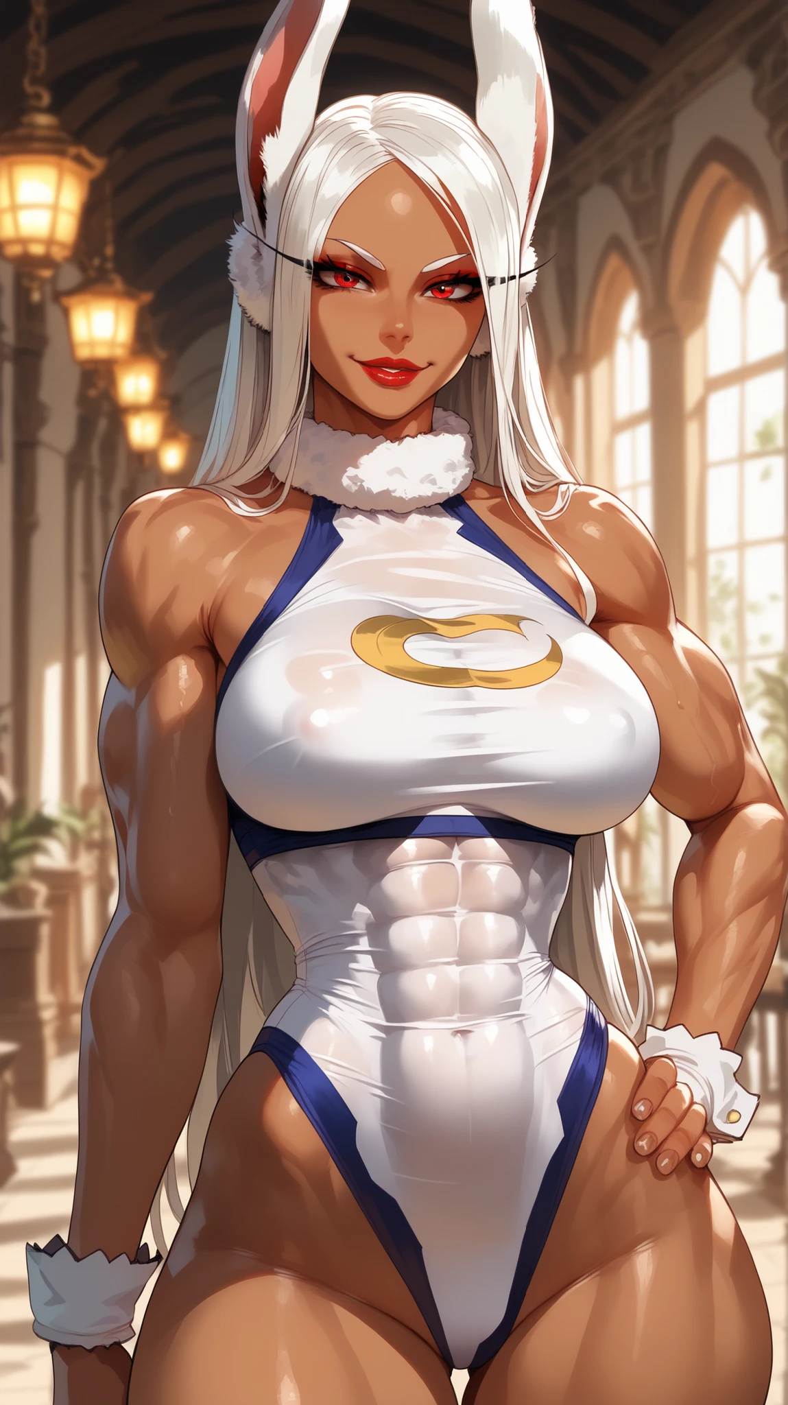 ((Close-up)), tall, White hair, beautiful muscular woman, (sweating), long straight hair, brown skinned, closed smile, (black lipstick), ((massive muscles)), (hyper muscle), ((ginormous bulky muscles)), blue eyes, ((((white giant strapless bath towel dress)))), choker, ((bra)), (in a sauna)
