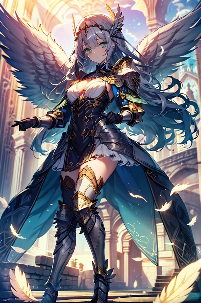 4k,High resolution,one woman,White light blue hair,long hair,Braid,big breasts,swordsman,black leotard armor,High leg,Winged headgear,big sword,medieval town