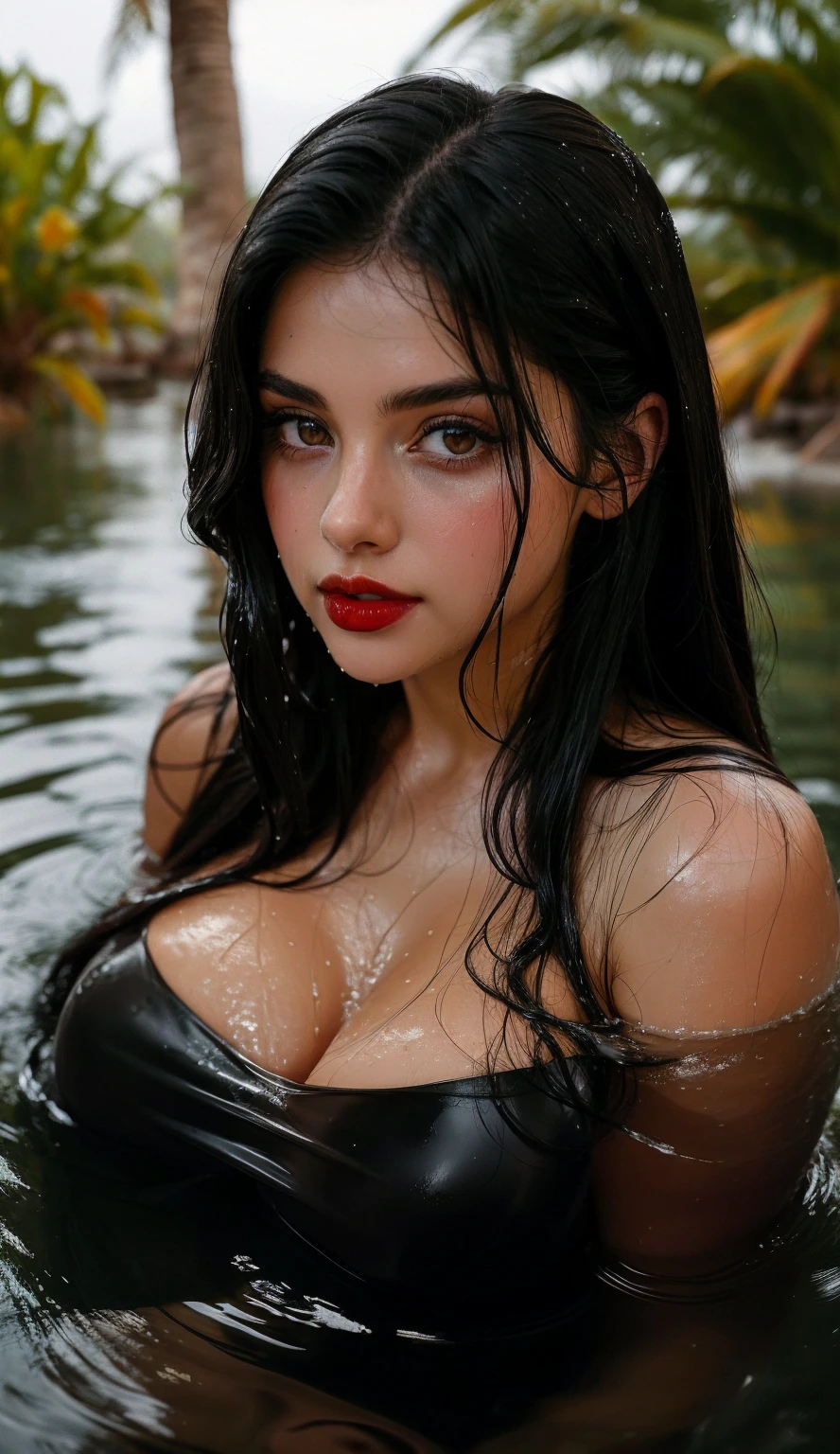 (8k, RAW photo, best quality, masterpiece: 1.2, realistic, photorealistic: 1.37, professional lighting, intricate details, high quality), age 23 years old, perfect face, fine details, ((long straight black hair)), perfect mouth, perfect and shiny eyes, thin eyelashes, green eyes, perfect hand, perfect fingers, perfect nails, professional makeup, earrings, lipstick, beautiful detailed illuminated face, ((height 1.60 cm, weight 60 kg, bust 62 cm , waist 63 cm, hips 86 cm)), diving into the pool, covered in water