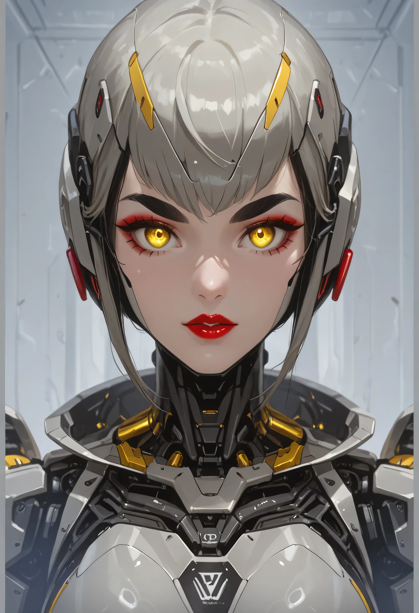 (Perfect Face), (Black Medium Hair), (Black Thick Eyebrows), (Big Bionic Yellow Eyes), (Red Thick Lipstick), (Female Robot), (Beautiful Woman), Looking At Viewer