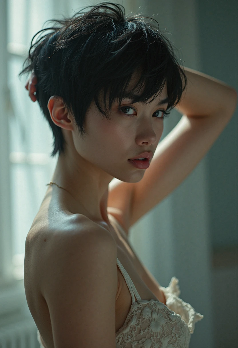 Best quality, masterpiece, ultra high res, (photorealistic:1.5), raw photo, 1girl, in the dark, deep shadow, low key, cold light, sexy look, short hair, swimsuit