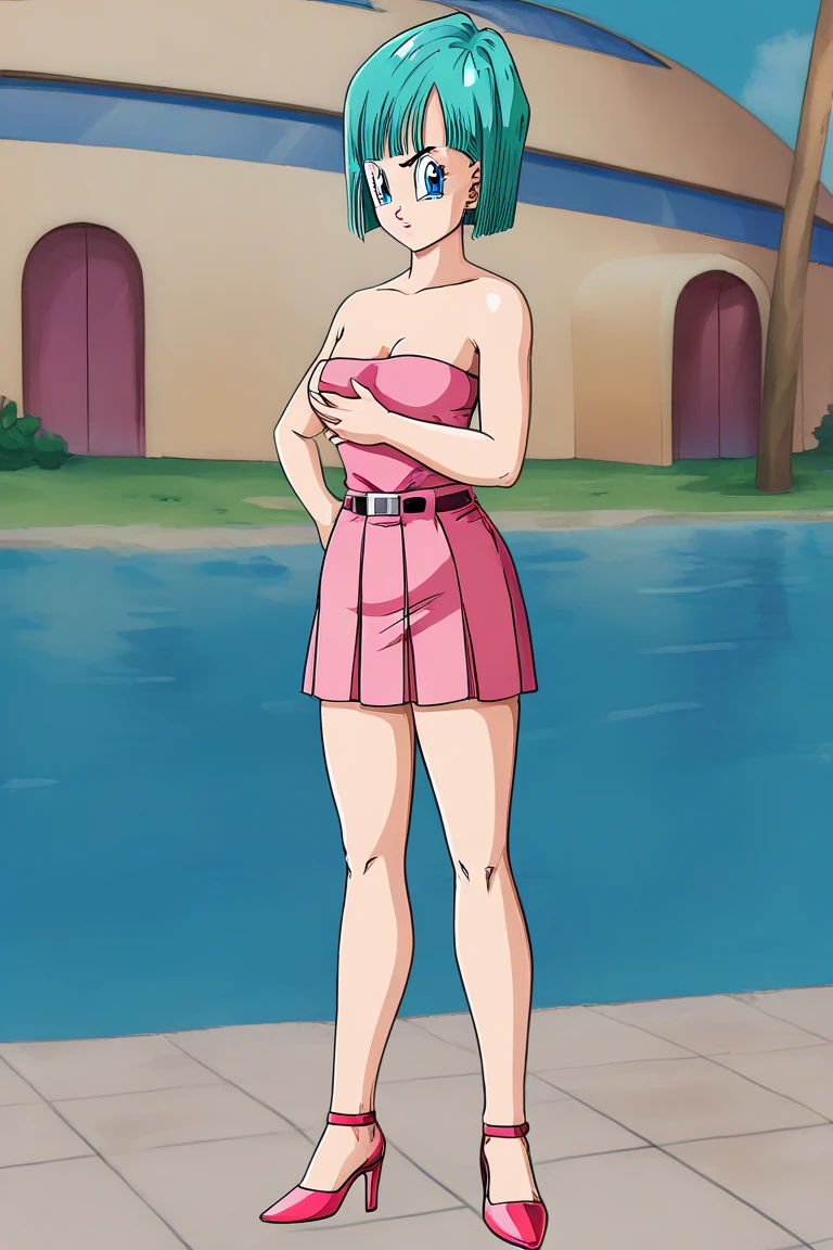 saiyan saga, bulma, short hair,  aqua hair, blue eyes, 1girl, solo, breasts, looking at viewer, angry, open mouth, pink bra, panties, cleavage, standing, big brast, huge breast, earrings, fat legs, pink panties, day, big ass, fat ass, hand on hip, stiletto, beach, ocean, retro artstyle, loose socks,
