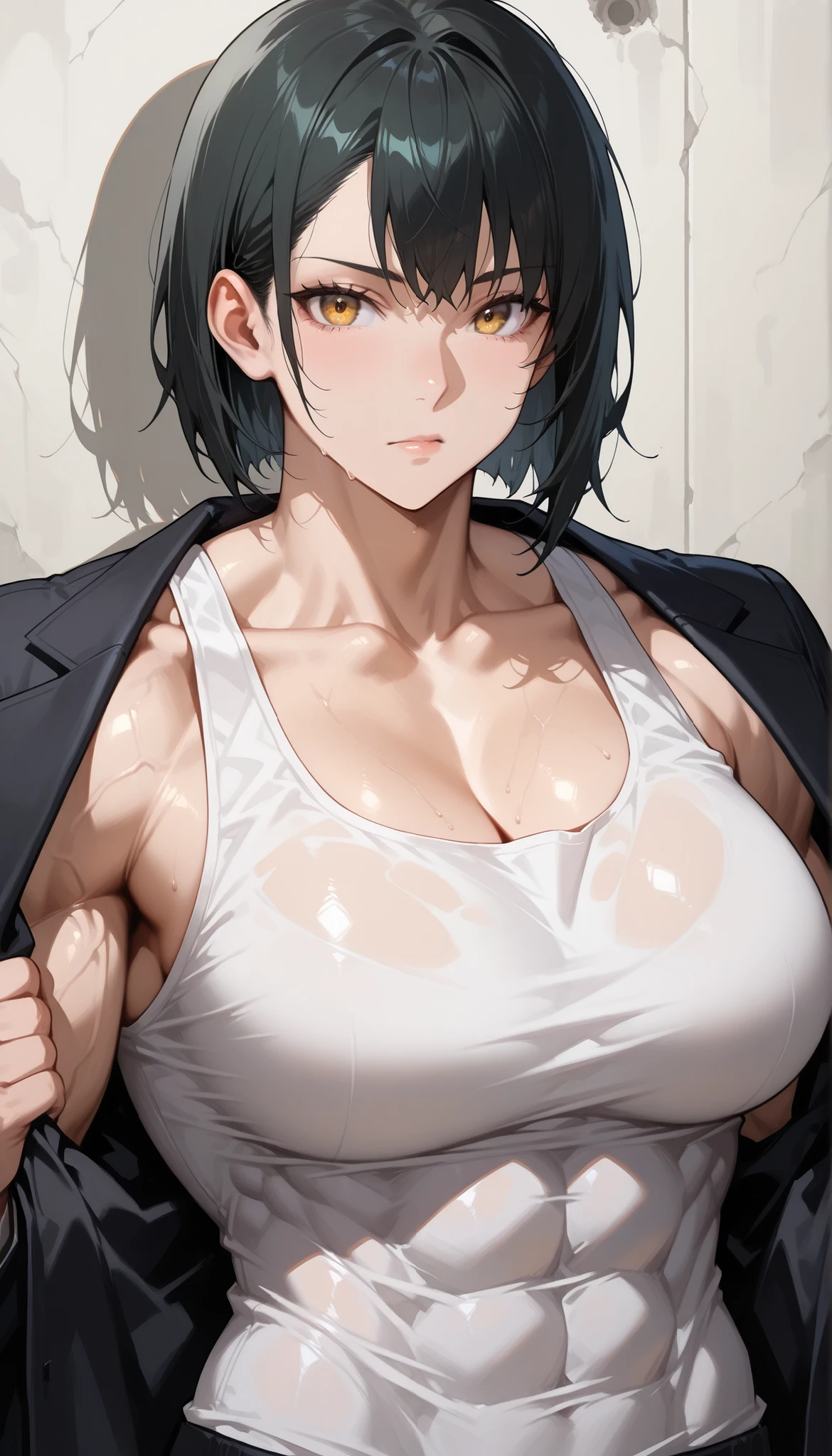 1girl, black hair, collarbone, black jacket, large breasts, looking at viewer, shirt, short hair, solo, tank top, upper body, white shirt, white tank top, showing abs, muscular female,