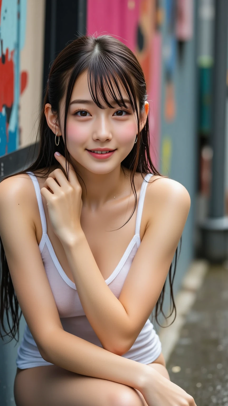 (Best-quality, Masterpiece, Ultra-High-Resolution, (Photorealistic:1.4), Raw Photo, depth of field, professional lighting, perfect anatomy, extremely details), 1girl, the most famous Japanese idol, innocent smile, upper body, at street in heavy-rain, (((wearing very wet clothes from heavy-rain, extremely wet hair from heavy-rain))), extremely cute face, extremely wet face from heavy-rain, ((extremely cute and extremely big eyes)), extremely beautiful realistic- skins, extremely wet body from heavy-rain