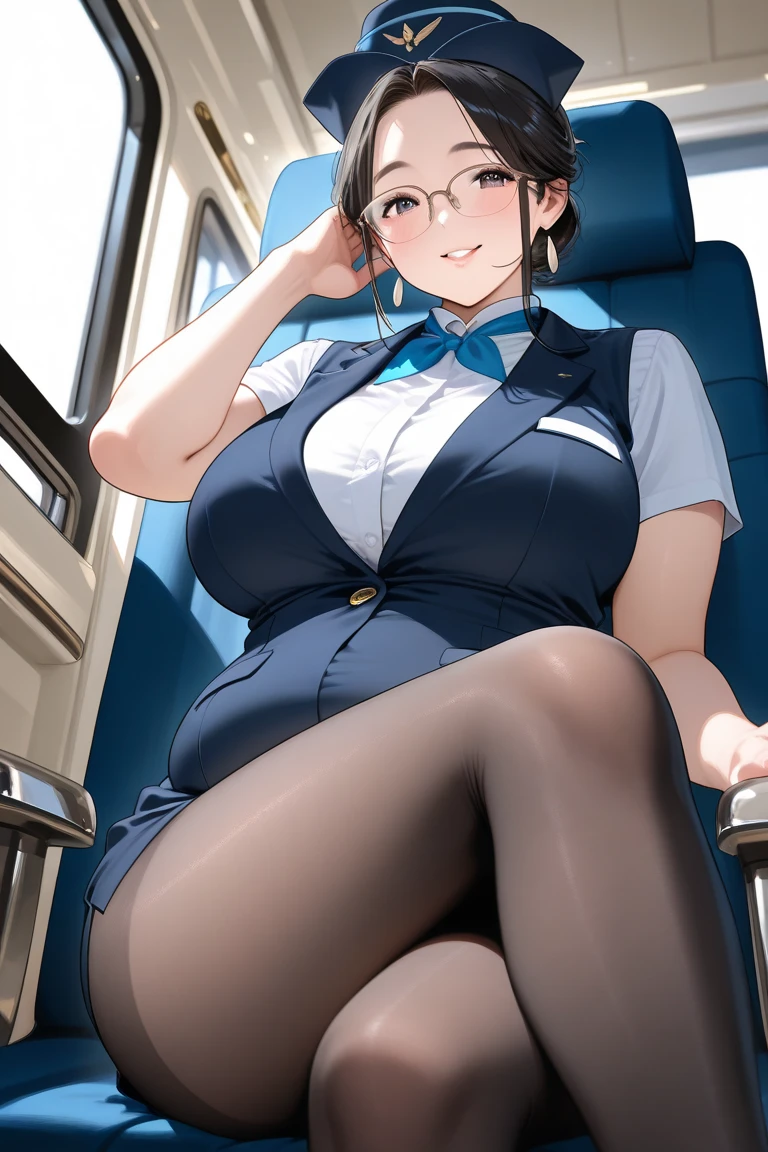(((nsfw))),(((1girl))),masterpiece,best quality,((最高品質)), ((傑作)), (詳しい), 完璧な顔, beautiful detailed glow,film Reflection,Break,from front,front face,cowboy shot,Voluptuous,glamorous,Chubby,thicc,curvy,Leggy,Tall,hanging breasts,1 grandma,(((squatting,spread legs,m legs,arms behind back))),chignon,(30 year old woman,mature female:1.2),black hair,chignon, (Open Stewardess uniform:1.6),(thong:1.4),Long Sleeves Asia airline uniform,high heels,(((thighhighs))),tight clothes,(plump thighs:1.1),cameltoe,glasses,Detailed beautiful eyes,looking at viewer,makeup,((moody face,bashful,embarrassed)),(((condom in mouth))),(((public hair))), perfect nipple, extremely detailed nipple, round areola,glasses,