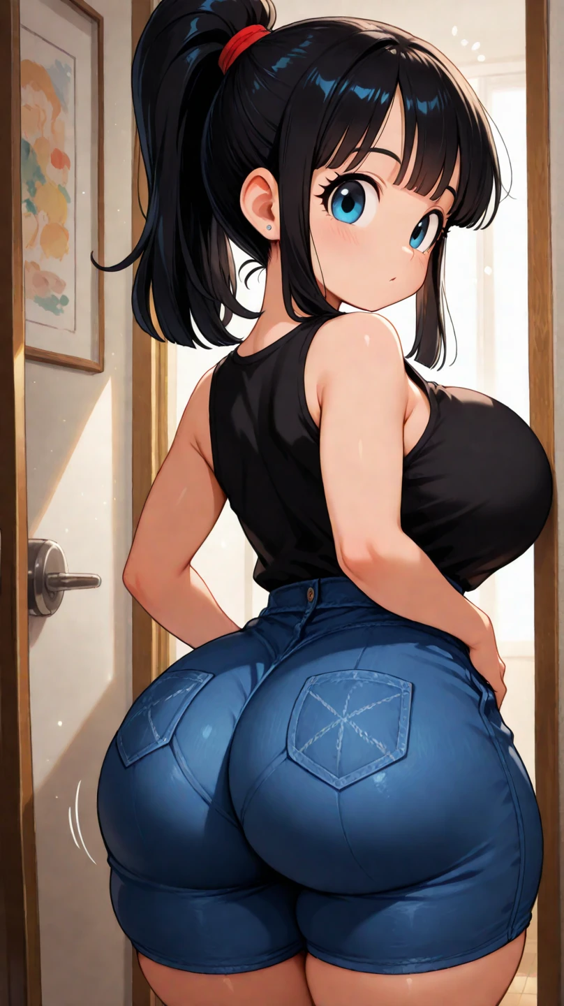 masterpiece, best quality, ultra-detailed, beautiful lighting, (one girl, 25-30 years old), girl wearing t-shirt, (girl wearing jeans: 1.5), ( short brown hair in bun: 1.1), (blue eyes: 1.3), in bedroom, standing up, slight blush, slightly angry, (cute frown:1,1), (glossy lips:1.1), (beautiful eyes:1.1), wonderful background , closed mouth, (gigantic tits: 1.5), (gigantic ass: 2), camel toe, wide hips, thick thighs, butt facing camera