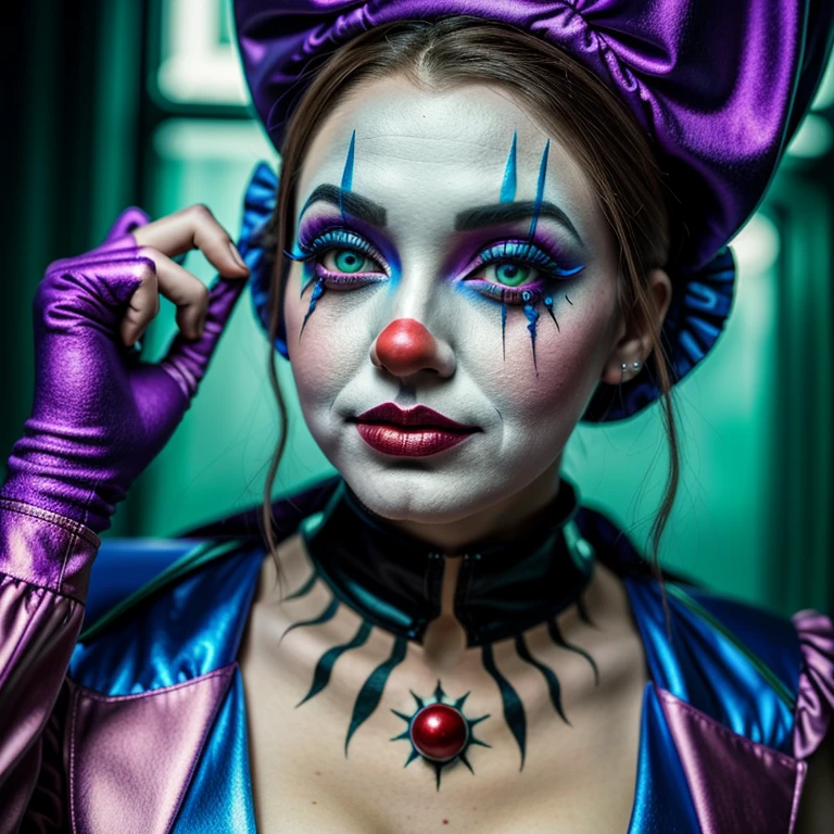 [felicity fatal]masterpiece, best quality, expressive eyes, perfect face, close up, perfect body, perfect hands, juggalette, pov, juggalo goddess, sexy clown girl, sexy juggalette, insane clown posse, glowing irises, glowing rainbow hair, white and black face paint, seethrough clothes, nsfw, crazy box braided hair, pale skin tone, carnival backdrop, detailed tattoos, horror tattoos, nude, beautiful breasts, taking selfie, different expression, seductive clown girl, , beautiful face, slender, beautiful hands, character reference, reference art, character art