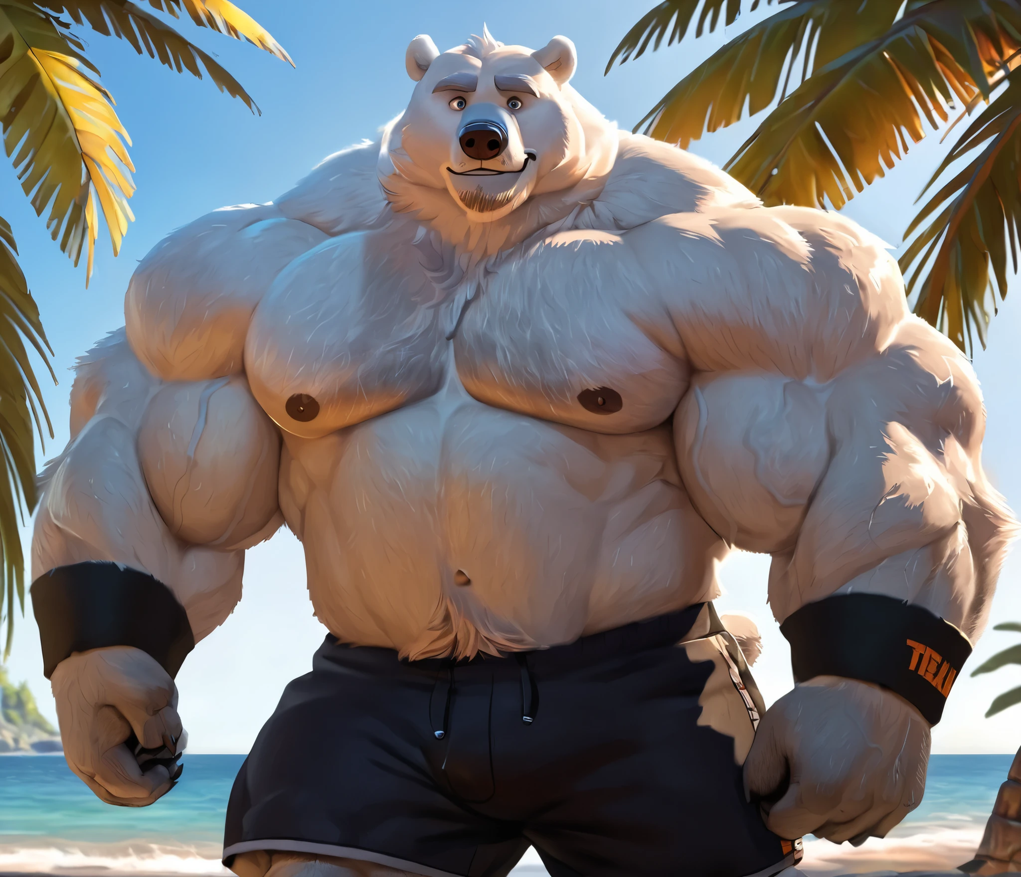 huge muscular polar bear in beach, big hulking flex, grunting smirk, polar bear, huge white fur, thick arm, huge arm, added thick colored gray mustache and beard, short white hair, (veiny muscular, pectoral, wide pectoral, thick arms), beach, palm, Disney, 8k, masterpiece, gray eyebrows added, detailed eyes with blue pupils, great eyes, (wearing black shorts, wristband, shirtless, topless, and feet), flexing his biceps
