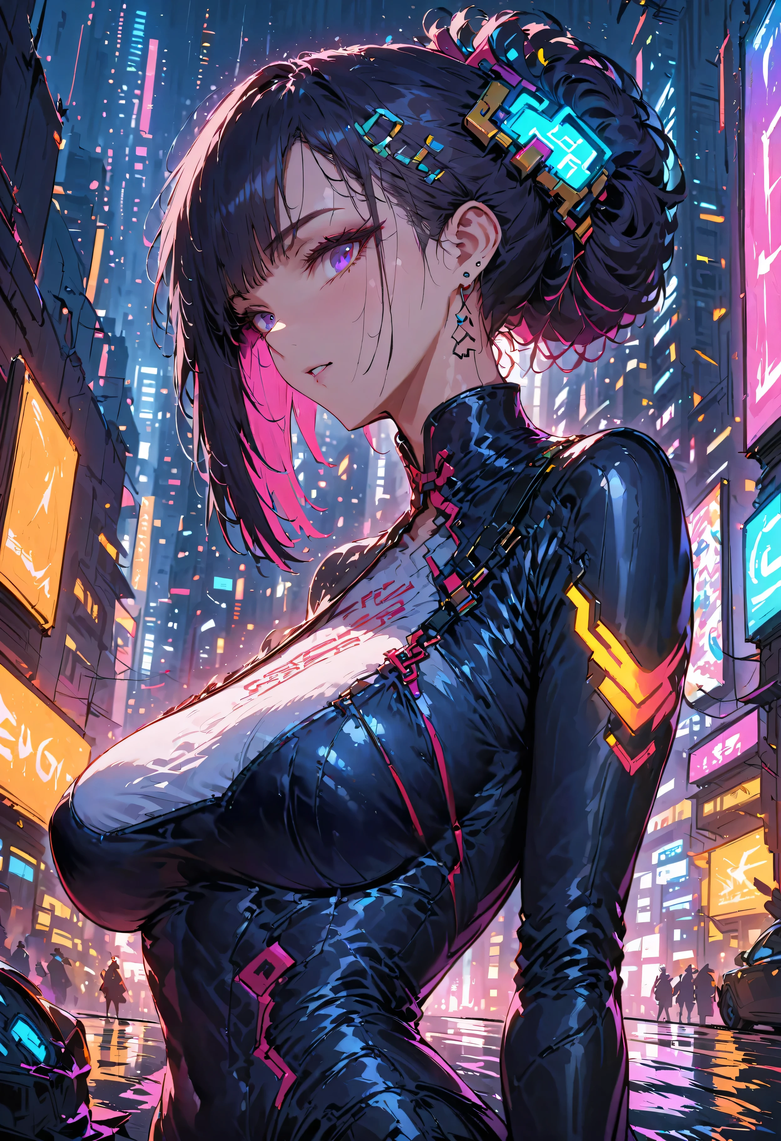 best quality,4k,8k,highres,masterpiece:1.2),ultra-detailed, extremely detailed eyes, extremely detailed body, (large masterpiece digital art), (detailed manga illustration), (detailed line art), ((perfect anatomy)), high quality, expressive eyes, full body, tall girl, detailed face, beautiful face, perfect face, breasts, cleavage, gloves, A photograph of mid-twenties Japanese female android made of shiny white and silver translucent glass and plastic, geisha makeup and hairstyle, silver metal internal body mechanisms, dynamic pose, flowing organic construction, glowing golden circuitry, colorful neon trim, glowing circuitry, neon trim, depth of field focus f/2.8, art by H.R. Giger, Greg Rutowski, bodysuit, thick thighs, toned, emblem, cinematic lighting, dynamic lighting, 4k resolution, dynamic pose, weapon, energy weapon, cover, mecha musume, fortified suit, mechanical parts, headgear, robot joints, bodysuit, deva battle suit, gloves,