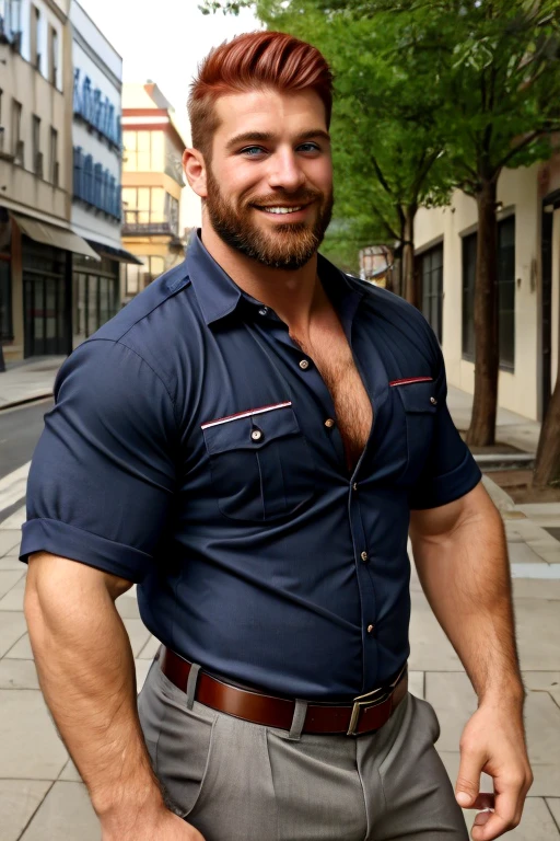 35 YEARS OLD YOUNG MAN, a full body shot picture of a beautiful young man wearing an open flannel shirt and jeans shorts, (BIG penis hanging out), city street shops background, bokeh, 4k, hdr, very detailed, very creative, . he has realistic eyes, large blue eyes, large flesly lips, he has a lean toned body, brown messy hair and the same color scruffy facial hair, his penis is big, male pubic hair, he is confident, cocky and proud of his beauty, he is looking at the camera, the picture is colorful, vibrant, expressive, masterpiece, 8k, award winning, high quality, best quality, cinematic, extremely detailed, intense lighting, epic