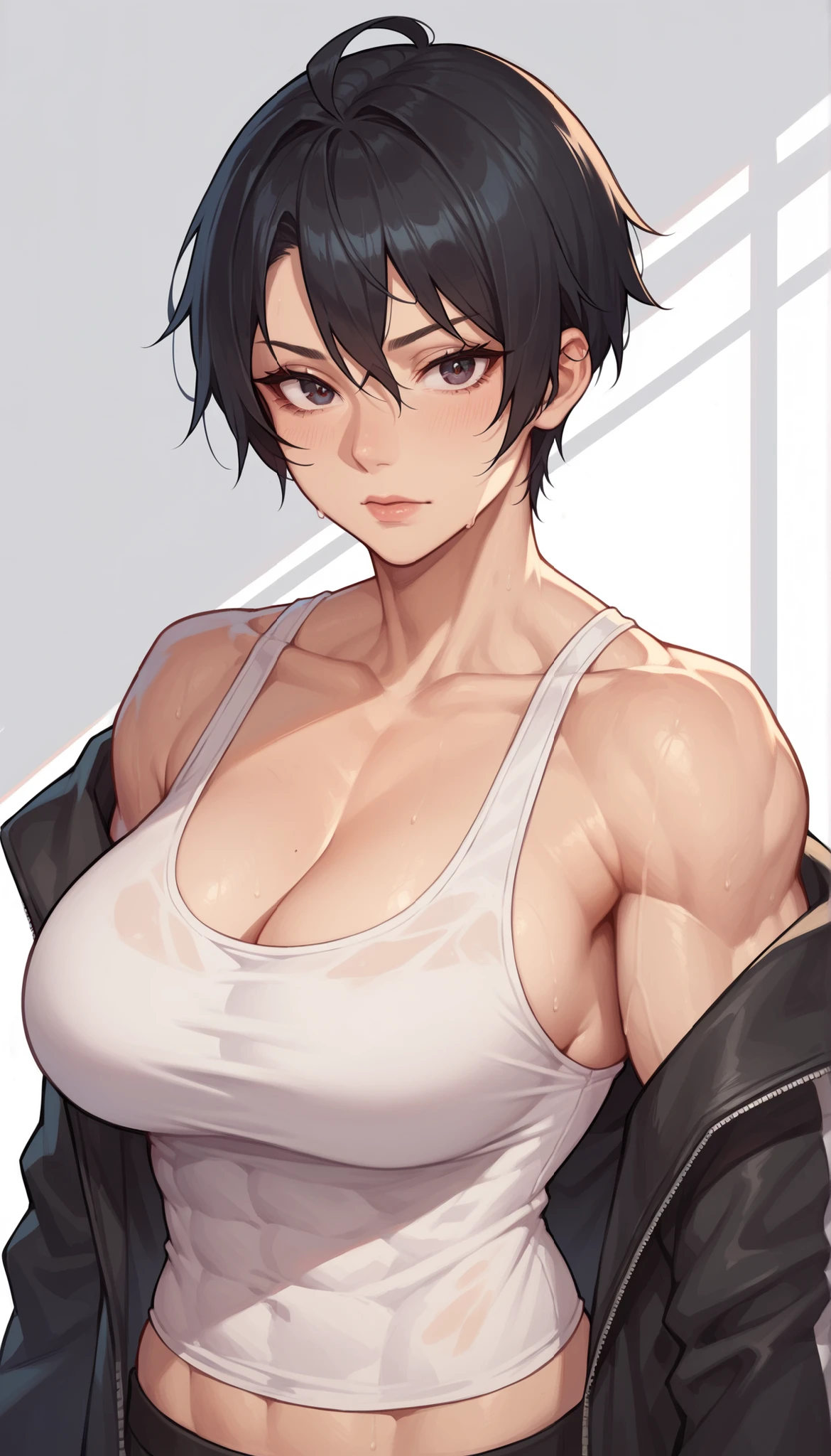 1girl, black hair, collarbone, black jacket, large breasts, looking at viewer, shirt, short hair, solo, tank top, upper body, white shirt, white tank top, showing abs, muscular female,