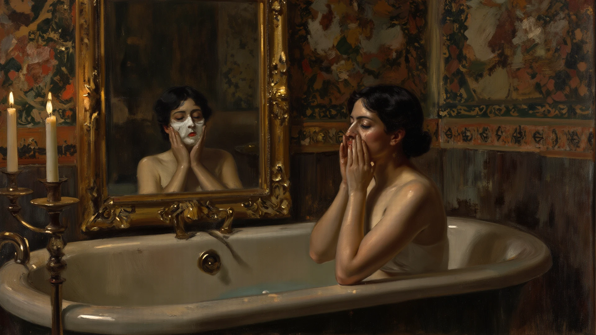 frame, old picture, horror tone, dark sense, abstract things in background, oil paint, {a painting of a nude woman from behind preparing to take a bath in a classical castle bathing area. This painting was created by an artist of the time}