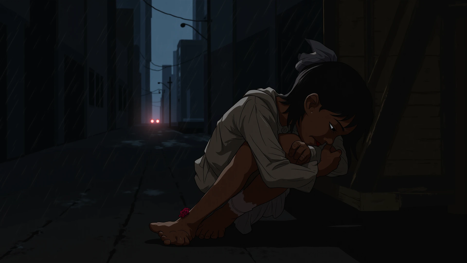 A student sitting next to a dead body in a One Piece style alley
