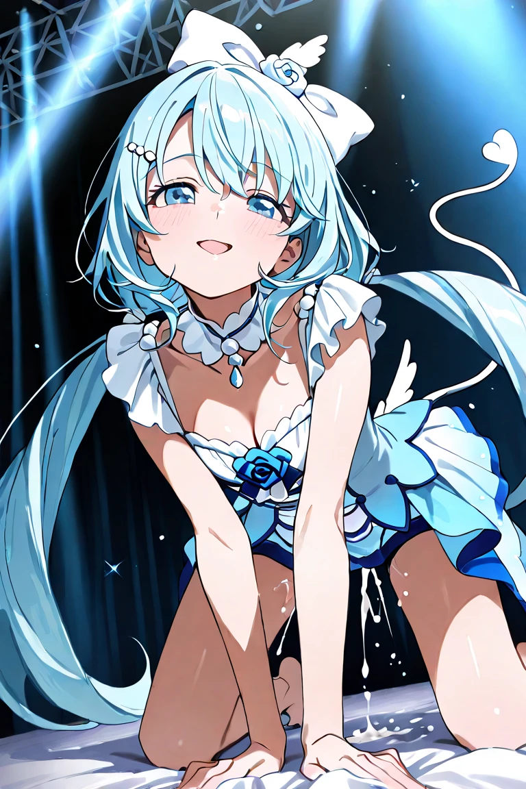Super Idol Beautiful Girl A charming smile sky blue hair length hair Twin-tailed Bright pink and white leotard outfit White panty Mystical Fantasia constellation a moon Crystal Brilliance Aurora Borealis in the Night Sky