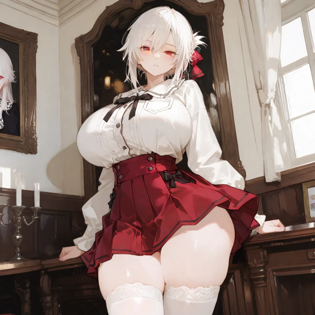 NSFW, Masterpiece, Best quality, Ultra high definition, Maximum resolution,, Very detailed, Professional lighting, clean skin, slender, Very cute, Young face, under eye mole, Slightly smaller breasts, 1girl, Blush, Bow, Breasts, Embarrassing, female focus, From below, Hair bow, ,naked , white short hair ,ponytail, red eyes ,bondage corset , stockings, femdom look, prison cell, no panties , perfect looking vagina , big clitoris , fat mons, pubic hair, womb tattoo