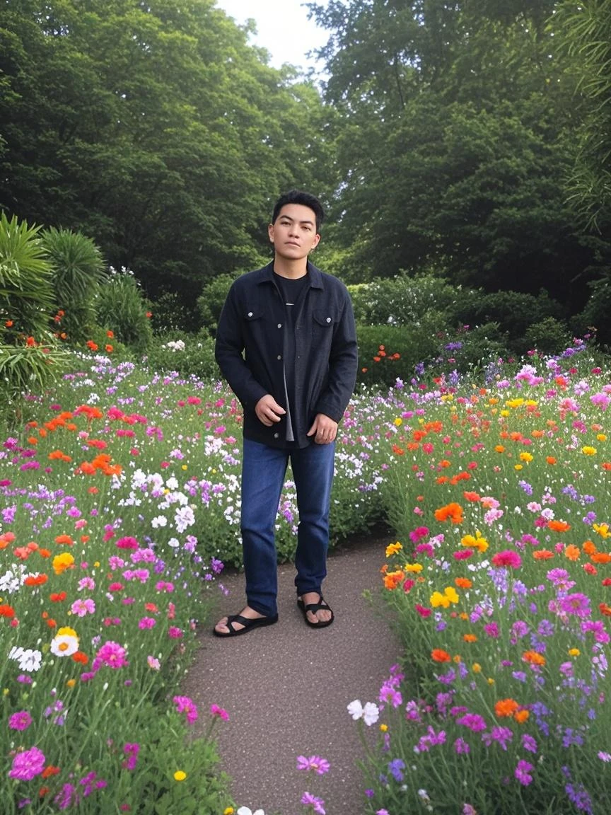 A man stands with his hands raised towards the sun Standing position: left front smile