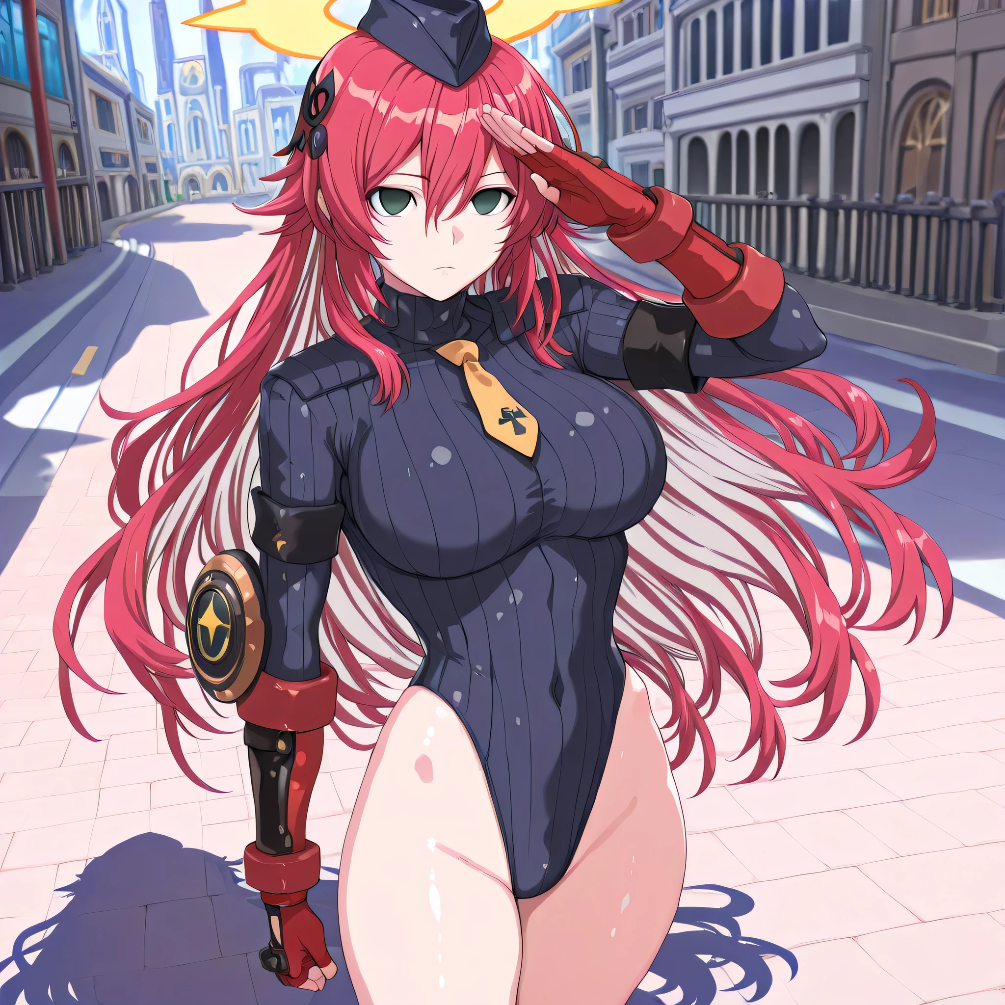 (((Masterpiece))), (((Best Quality))), ((Super Detail)), ultra-High resolution, score_9,score_8_up,score_7_up,score_6_up,score_5_up,score_4_up, BREAK, source_anime, anime screencap, uncensored, rating_explicit, Masterpiece, (best shadow), (absurdres), (detailed background), (very aesthetic), shiny, detailed beautiful eyes, outstanding, countershading, detailed soft lighting, an exquisite animation illustration, curvy, empty eyes, expressionless, blank eyes, looking at viewer, full body, emotionless, Fighting Stance, shadaloo dolls, red gloves, hat, cowboy shot, fingerless gloves, gauntlet, red gauntlet, leotard, cosplay, highleg, highleg leotard, red gloves, garrison cap, dark persona, ribbed leotard, yellow necktie, (((solo, 1girl))), hair ornament, submissive pose, seductive pose, large breast, zzJacko, green eyes, hair between eyes, multicolored hair, red hair, two-tone hair, compass rose halo, halo, long hair, city background, fantasy background, salute, saluting, standing