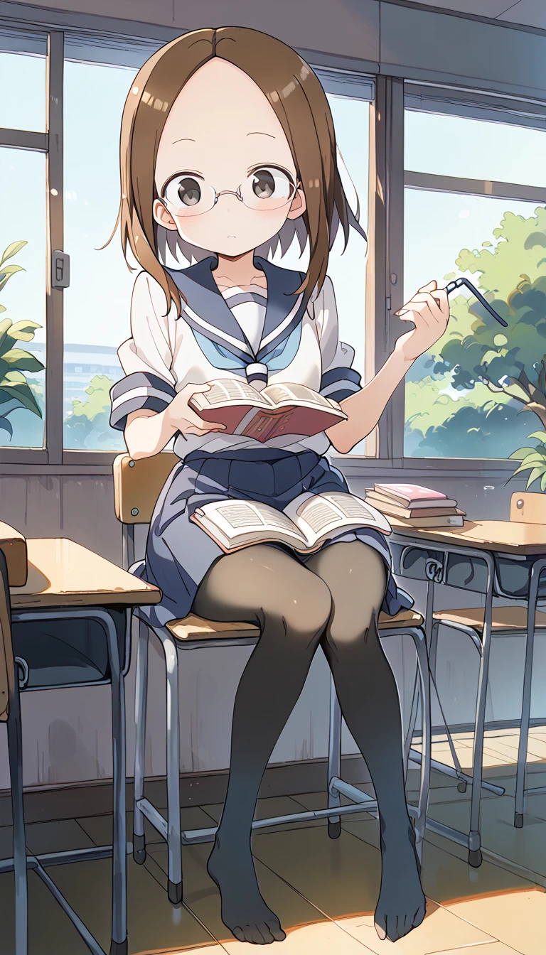 ((masutepiece, Best Quality)),Best aesthetic,1girl in, School uniform, desk work, Sitting, School Desk, Brown hair, crass room, Long hair, Indoors, Chair, Looking at Viewer, :P, Solo Focus, Brown eyes, Skirt, Long sleeves, Pencil, 1 boy, pencil case, paper, black serafuku, Multiple girls, Pleated skirt, Sailor collar, Bangs, head rest, School bag, school chair,huge-breasted、bbw、thick thight、big butts