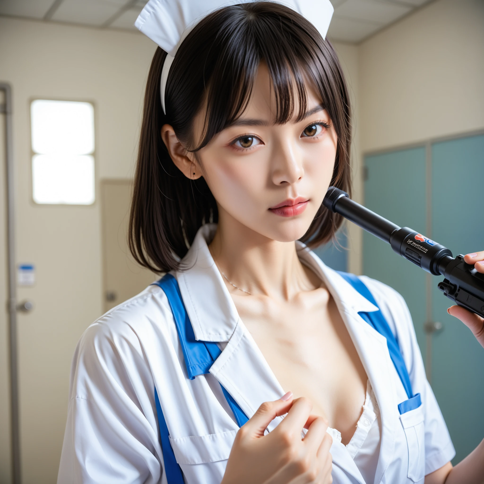 realisitic、top-quality、女の子 1 人、in her 20s、Nurse、undergarment、Black underwear、Colossal tits 、all-fours,profetional lighting、yawning being、erotick、((Stethoscope on neck))、Female doctor、Manteau blanc、