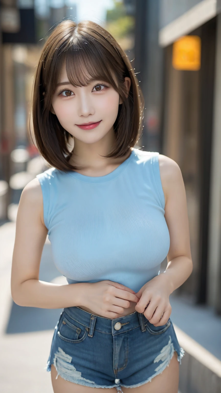 Showing her side、Drooping eyes、２０Modern woman、Brown Hairのshort hair、One girl, (masterpiece, Highest quality:1.2), ((Highest quality)), ((masterpiece)), (be familiar with), Beautiful Skin、One girl, Japanese,Symmetrical face,front、shapeのいい小さな胸、8K、alone、Alone with nothing around、There is only me、Long face、Tabletop, Highest quality, shape, Very detailed, finely, High resolution, 8k wallpaper, 完璧なダイナミックな構shape, Beautiful and beautiful eyes, dress,short hair,  Bobcut,Brown Hair,Natural color lip, Random sexy poses,smile,Aoyama Street Walk 20-year-old girl,Grey knit shirt,Sleeveless,panties,Underarm