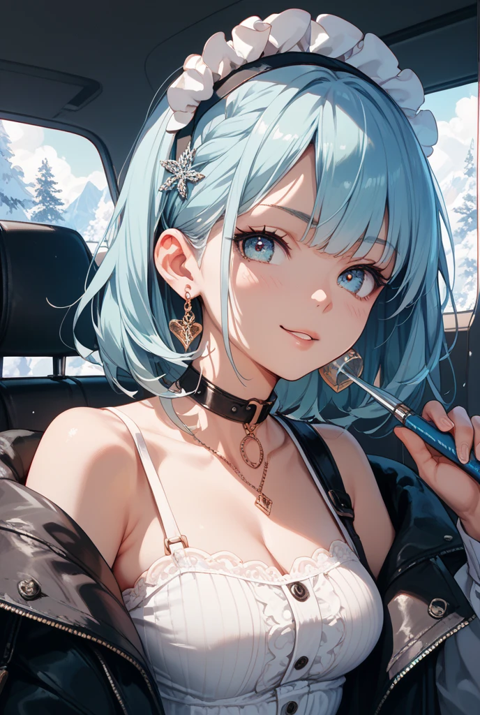 1 girl,Solo,masterpiece, Sharp focus, (Beautiful gorgeous cute korean woman:1.3), (beautiful cute korean woman:1.3), korean beauty, delicate and beautiful hair and eyes and face, real, super detailed, beautiful girl, glowing white particles, (sidelight:1.2), slender, big,huge breasts and big ass, showing teeth and laughing, ((laughing with eyes, open both eyes)), Short straight hair, sexy look, dynamic hair, detailed platinum mint green hair, shining blue eyes, black uniform, dark slums, sitting smoking, (seductive), ((excited: 1.5)), ((areola)), ((in the heat)), white skin, cigarette