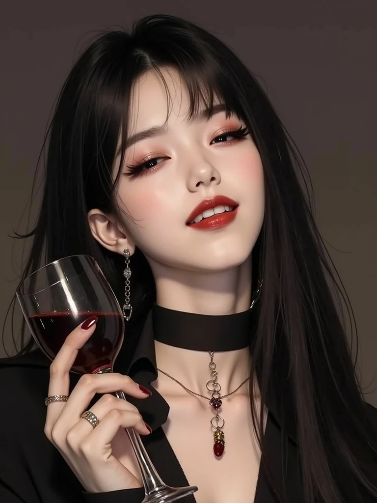 A closeup of a woman holding a glass of wine with butterflies flying around her, 1 7 - year - old anime gothic girl, cruel korean gothic girl, gothic girl aesthetic, gothic aesthetic, Gothic Maid Anime Girl, gothic aesthetic, gothic art style, anime girl in a black dress, Beautiful vampire queen, neogothic, gothic girl, guweiz style artwork