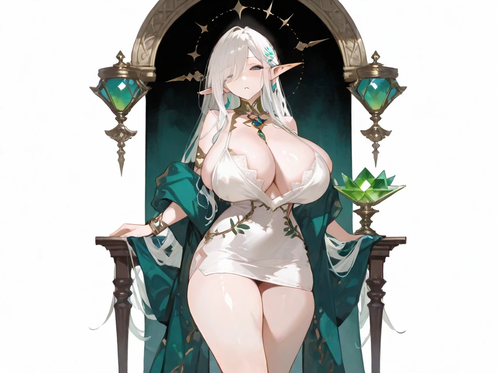 1girl, (angry), white hair, green eyes, ((hourglass figure)), black tights, (from below), looking at viewer, ((thick thighs)), ((pussy)), ((lingerie)), ((black lingerie)), ((naked breasts)), (nipples)