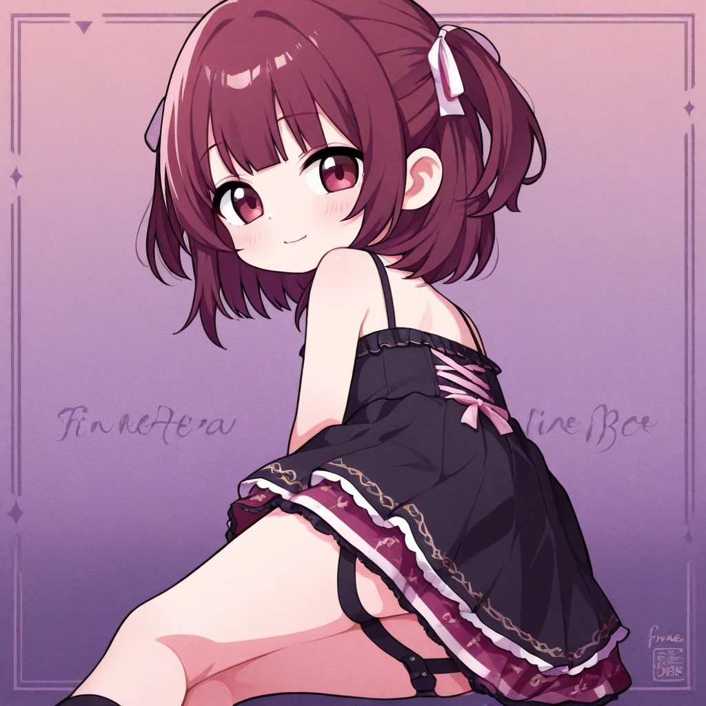 1girl with long brown hair, pink eyes, pink lips, big breasts, curls, horny smile,black lace lingerie, ((chibi style)), simple background