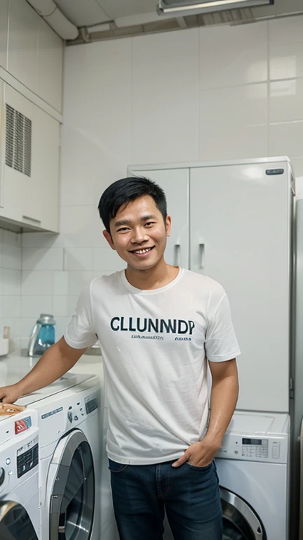 ((realistic daylight)) , Young Korean man in only a black sports shirt, no stripes, and jeans., A handsome, muscular young Asian man looks at the camera.  , in the restaurant ,turn sideways