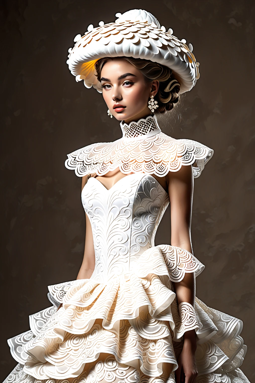 (Realistic), Masterpiece, w1z-h34d.ceremonial headdress, Ultra-detailed, (a 20-year-old Western woman wearing an opulent voluminous dress with a precisely sculpted silhouette inspired by the organic roundness of an egg, the gentle curves of a mushroom cap, and the airy softness of meringue:1.45), (the skirt is elaborately three-dimensionally woven from intricate silk lace embroidery, forming a buoyant convex structure with deep-textured patterns resembling natural growth layers:1.45), (the silk threads create a delicate yet spatially rich meshwork that enhances the voluminous and weightless feel of the form:1.35), (the bodice is crafted as a sleek high-neck turtleneck design with full coverage and no excessive skin exposure:1.35), (the entire dress appears weightless and gently floating, amplifying the illusion of a suspended edible sculpture:1.35), (ambient soft lighting accentuates the micro-relief of the lace and the dimensionality of the woven textures:1.3), (her hairstyle is a compact elegant updo harmonizing with the upward visual flow of the design:1.25), (standing in a neutral-toned minimalistic environment to highlight the sculptural organic silhouette:1.25), cinematic shadow play, ultra-shallow depth of field, haute couture photography style, Thong Metaverse, 16K resolution