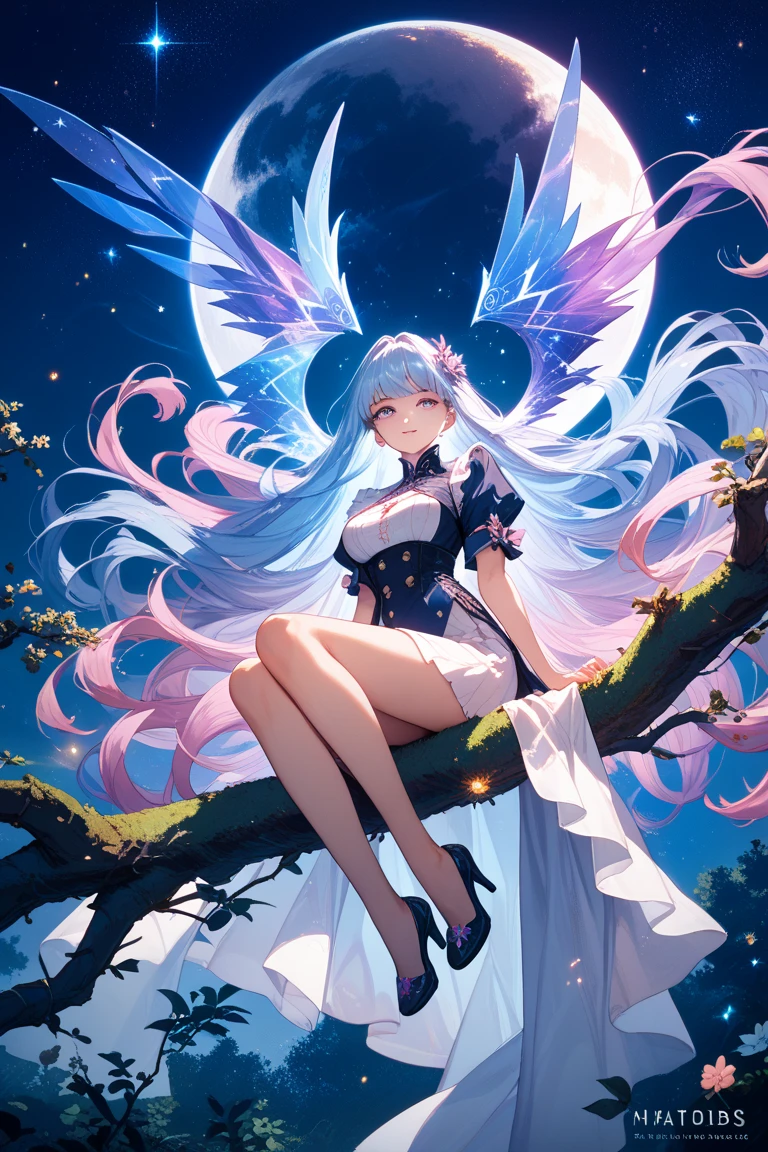 Female, I am a beautiful creature, clad in butterfly wings. They are colorful and stunning, with a halo made out of rainbows. I have white, long hair, twin ponytails, and rainbow eyes. My skin is pale white, like milk. I am curvy, yet soft in appearance. My nails, are a rainbow-like hue, and I often wear bracelets and anklets matching my wings' colors.