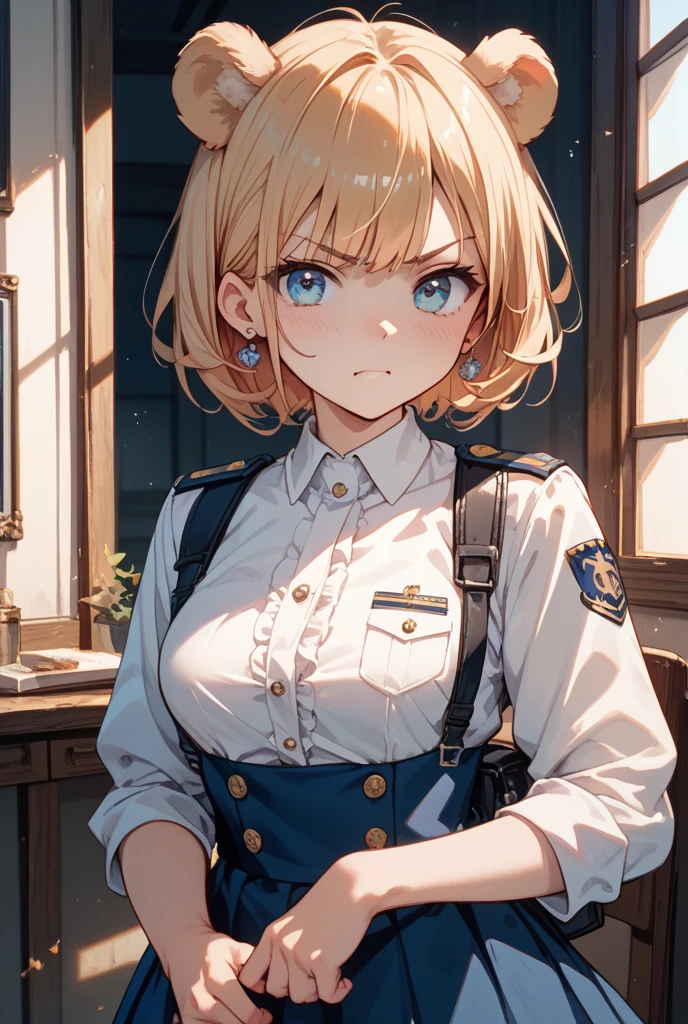 a pretty girl messenger, wearing large glasses, undercut hair, wearing postal uniform, in a post-apocalyptic world
