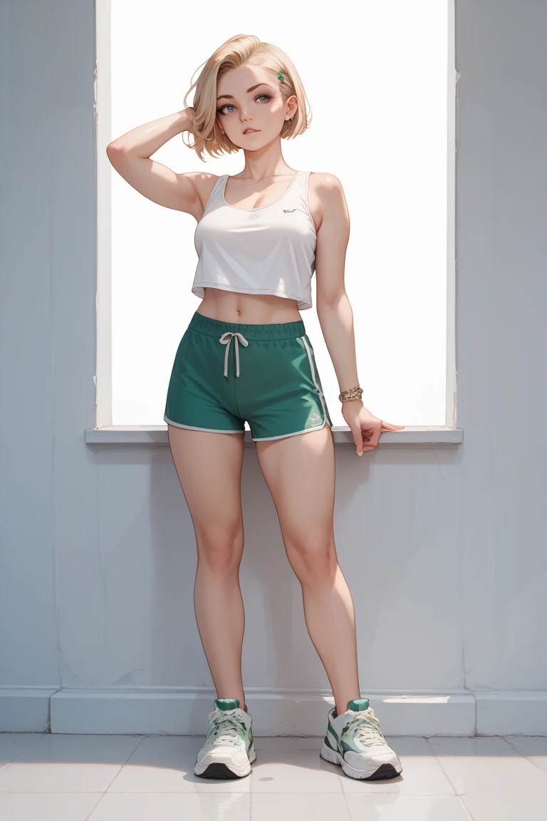athletic teen, 175 cm tall, wearing baggy running shorts, baggy spaghetti strap crop top, sneakers, baby face,sweaty armpits, well-defined shoulders, sports cap, (full body view, plump breasts)