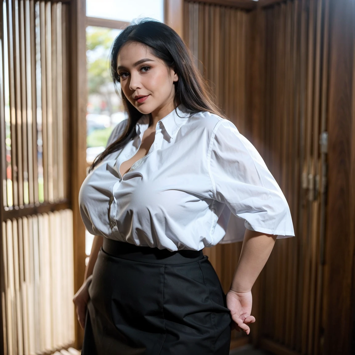 Photo of a fearless Bangali female <lora:sumanCh:1> suman4u woman, standing confidently in office, smile, dark skin, wearing white corporate shirt, office lady, nipple visible, big belly navel, large breasts, cleavage, indoors, surrounded by a cozy atmosphere, 8K UHD, moody lighting, film grain, Fujifilm XT3, <lora:add_detail:-0.5>