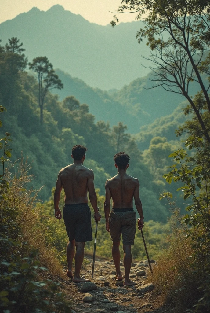 Two young cute handsome beautiful white face soft skin slim short hair shirtless in a jungle collecting vines carrying on his shoulder in the middle of the jungle behind him a house