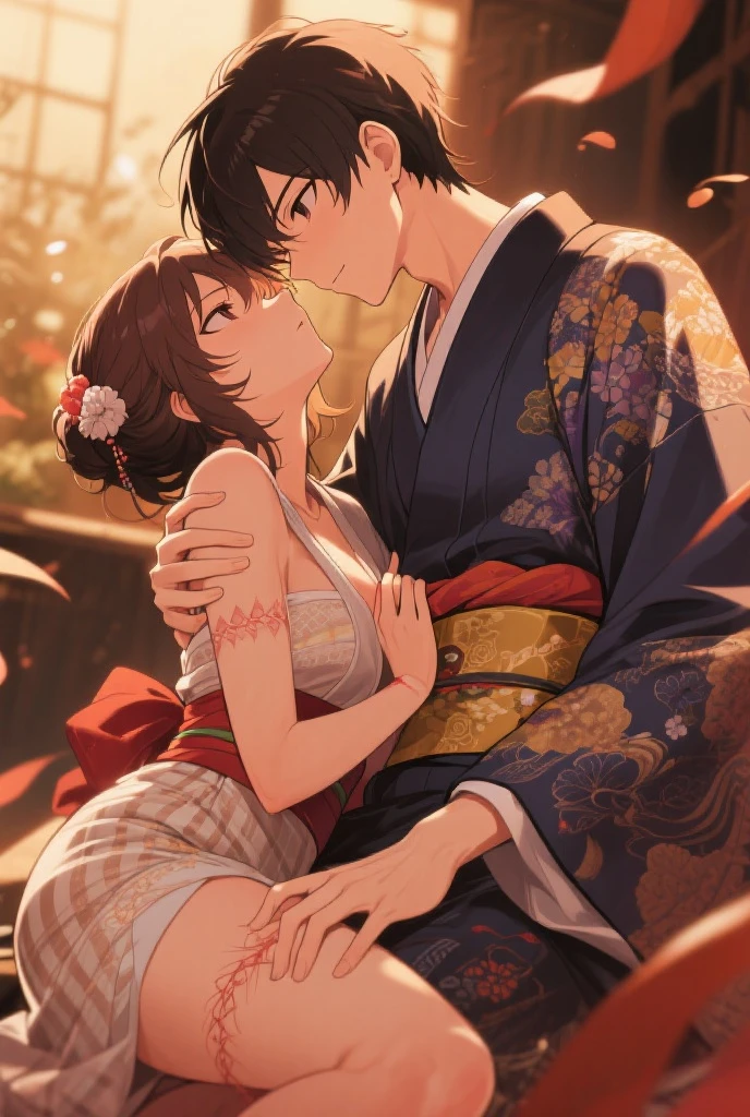 ((highest quality)), ((masterpiece)), (detailed), (Perfect Face)、(The woman is Princess Leona, with long, straight light brown hair, a slender figure but average breasts, a gentle smile, and is in a luxurious samurai mansion. She is the wife of Oda Nobunaga, and is wearing a gorgeous, brightly colored, patterned, and embroidered uchikake kimono befitting a wife, with her hair in a Japanese hairstyle, a beautiful hairpin, and gorgeous accessories from the Edo period.)、The man and woman are close together, the husband is 60 and the wife is 32.、The man is Oda Nobunaga, a dignified man with a beard, wearing a formal crested hakama.、A man is embracing a woman